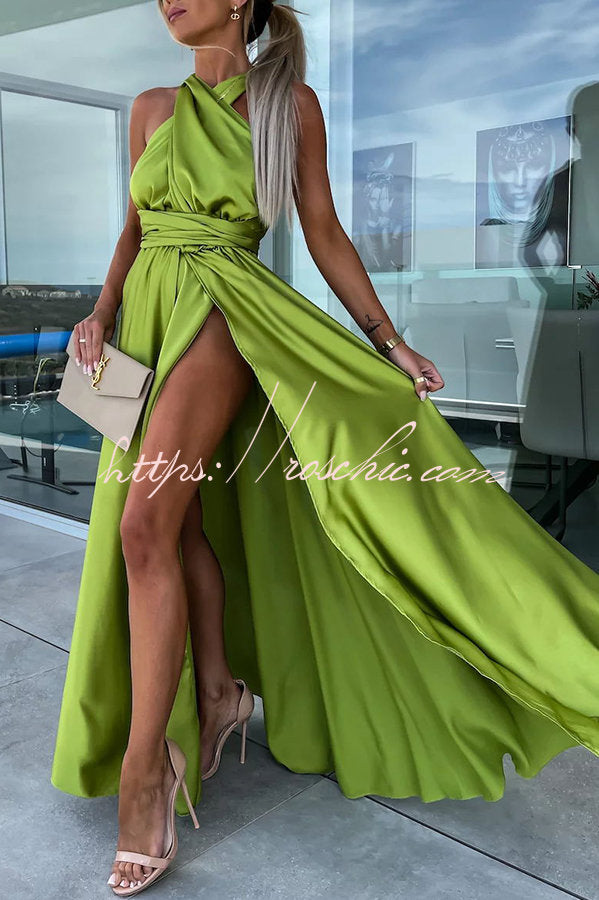 Different Effects Satin Free Tie Neck Slit Maxi Dress