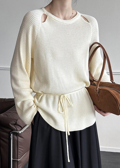 Beige Tie Waist Knit Sweaters O Neck Long Sleeve Af1095