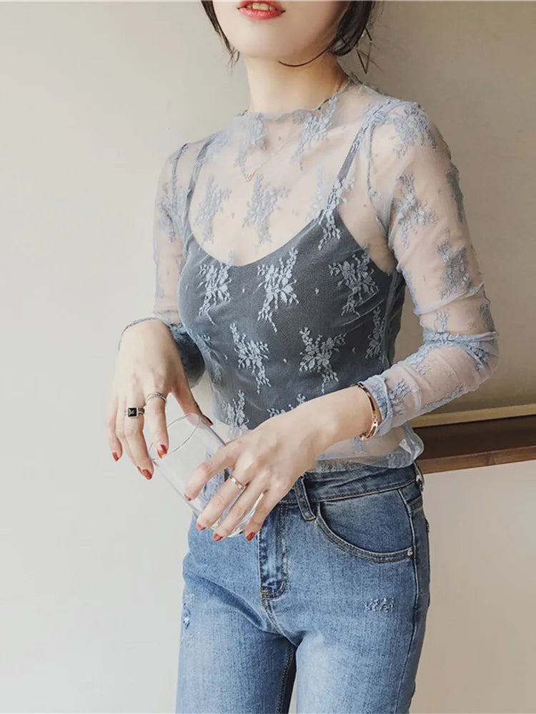 Summer Lace Embroidery Blouses Shirt Tops Mesh Blouses Transparent See-through Black Shirt