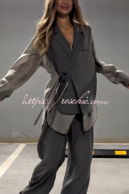 And Chiffon Patchwork Irregular Lace-up Jacket and Pocketed Straight-leg Pants Set