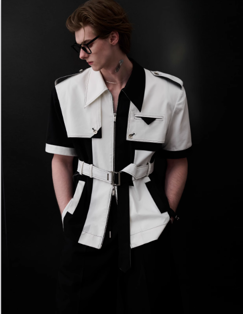B&w Structured Belted Shirt & Shorts Set