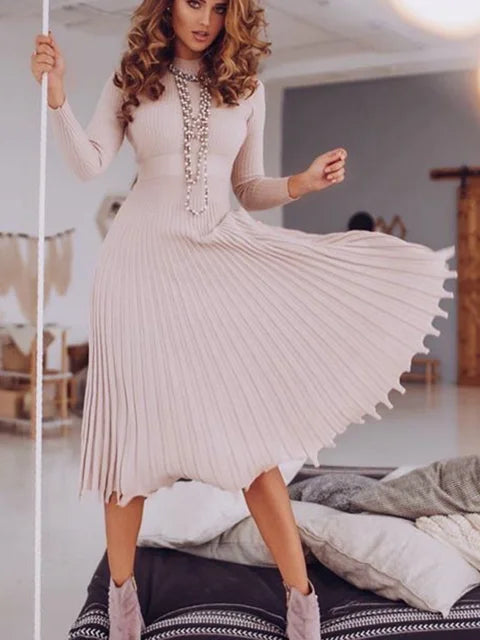 Ribbed Pleated Knit Dress Loose Patchwork Long Sleeve Dress High Waist Knitwear Female Autumn Maxi Dress New