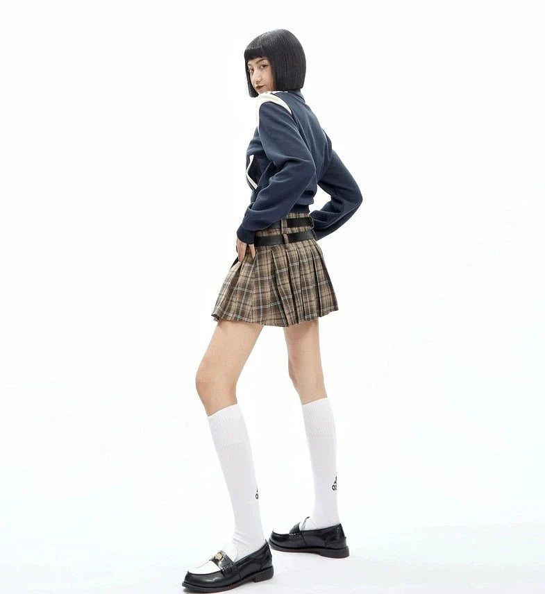 Plaid Double-belt Pleated Skirt