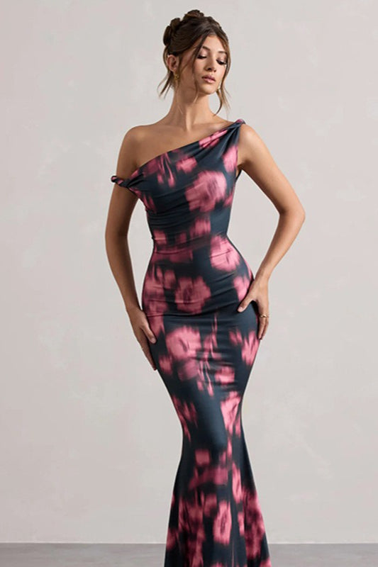 Print One Shoulder Knot Mermaid Maxi Dress