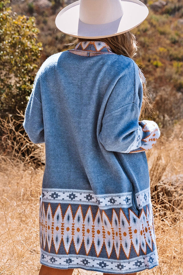 Vzyzv Sweaters Blue Aztec Print Open Front Knitted Cardigan