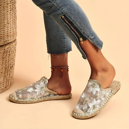Linen Woven Flat Round Toe Half Slippers