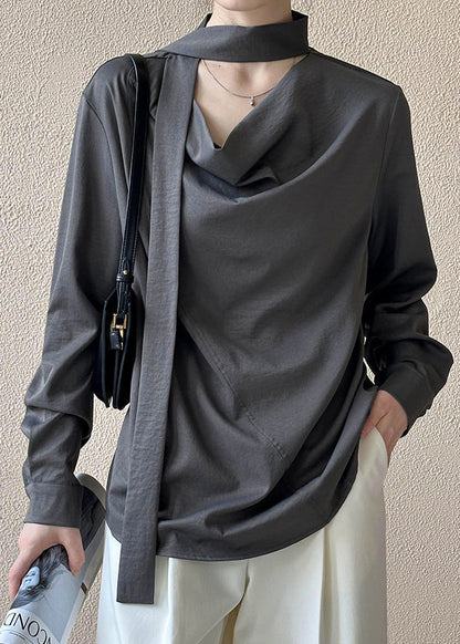 French Grey Button Bow Cotton Blouses Fall Af1058