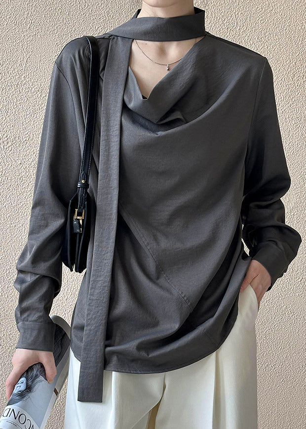 French Grey Button Bow Cotton Blouses Fall Af1058
