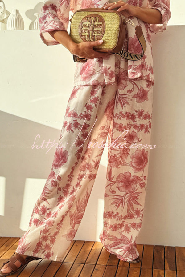 Linen Blend Botanical Print Loose-fitting Top and Elastic Waist Wide-leg Pants Set