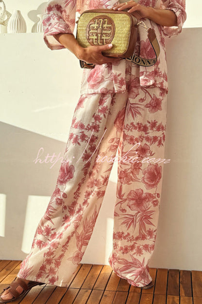 Linen Blend Botanical Print Loose-fitting Top and Elastic Waist Wide-leg Pants Set