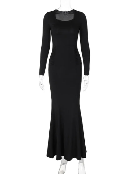 Autumn Black Maxi Dress ’s Square Collar High Waist Slim Party Dress Gown Female Long Dress New