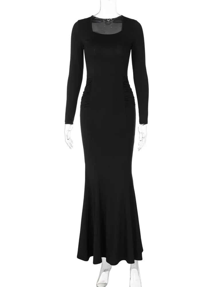 Autumn Black Maxi Dress ’s Square Collar High Waist Slim Party Dress Gown Female Long Dress New