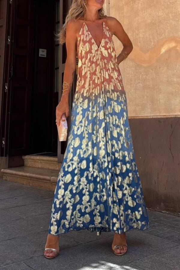 Bianca Tie-dye Ombre Gold Print A-line Halterneck Maxi Dress