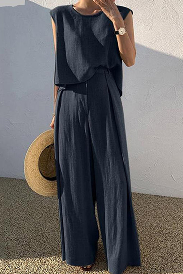 Linen Blend Round Neck Sleeveless Top and Loose Wide-leg Pants Set