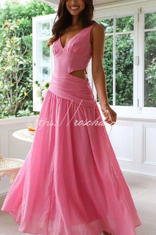 Color V-neck Waist Hollow Slim Maxi Dress