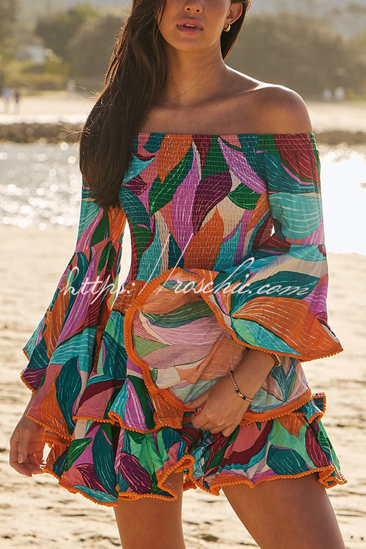 Unique Print Off the Shoulder Pleated Bell Sleeve Fitted Mini Dress
