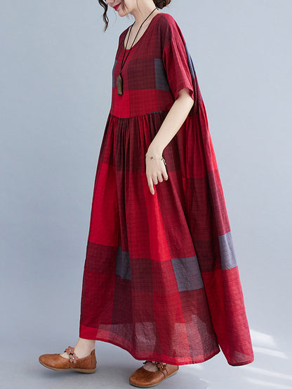 Artistic Retro Loose Color-block Pleated Round-neck Half Sleeves Midi Dress