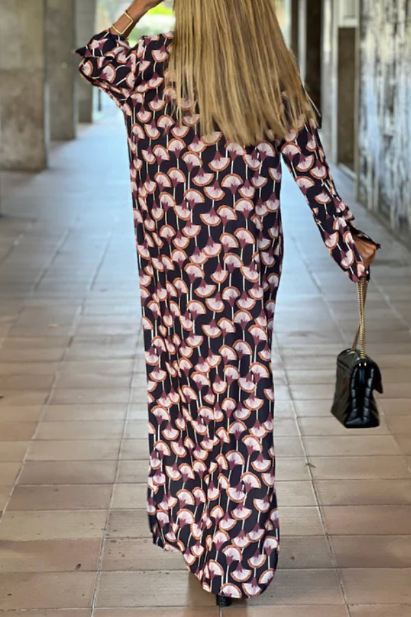 Printed V Neck Long Sleeve Maxi Dress