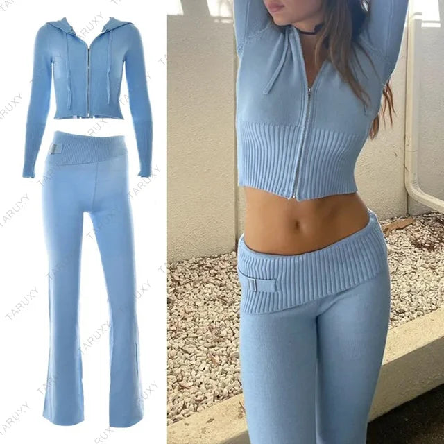 Spring Outfits Zipper Sweater Hoodie Set High Waist Flare Pants Suits Pink Knitted Y2k Two Piece Set