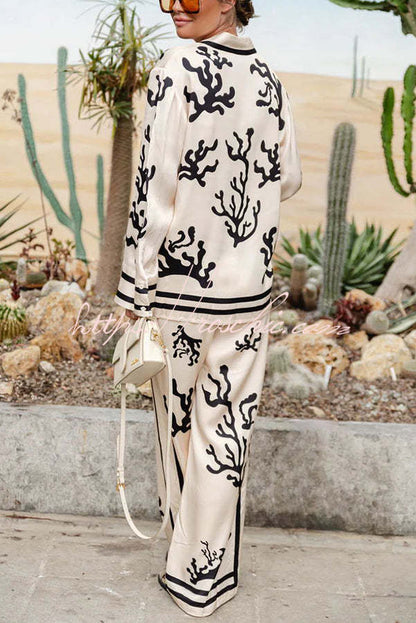 From Desk to Dinner Satin Unique Print Button Down Oversized Blouse