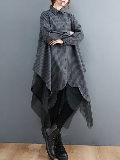 Loose Striped Gauze Split-joint Lapel Long Dress