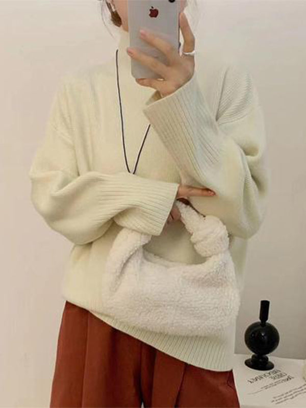 Red High Neck Split Hem Long Sleeve Sweater An1056
