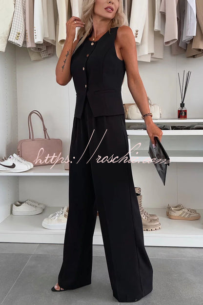 Workplace Sleeveless Button Vest and Relaxed Pocket Wide Leg Pants Set