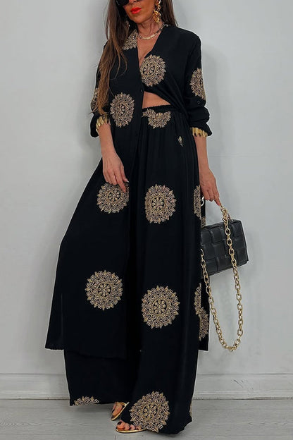 Unique Printed V-neck Long Sleeve Long Shirt and Elastic Waist Pocket Wide Leg Pants Set