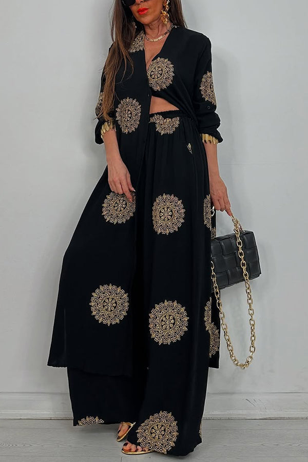 Unique Printed V-neck Long Sleeve Long Shirt and Elastic Waist Pocket Wide Leg Pants Set