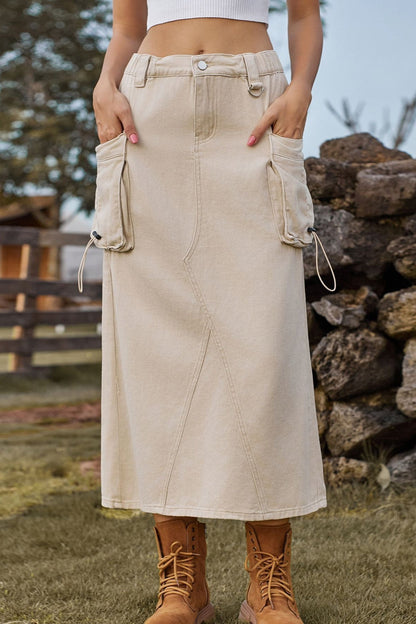 High-waist Denim Cargo Midi Skirt