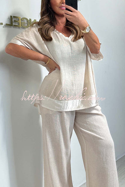 Fashionable V-neck Short-sleeved Loose Top and Elastic Waist Wide-leg Pants Set