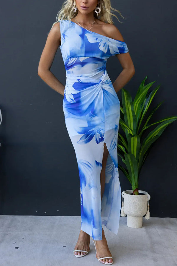 Escala Mesh Overlay Print One Shoulder Cross Detail Slit Stretch Maxi Dress
