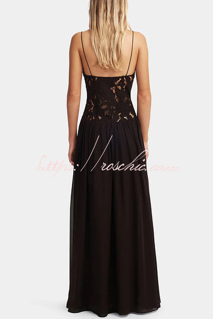 Stephanie Flower Crochet Lace Bust Chiffon Fluffy Hem Maxi Dress