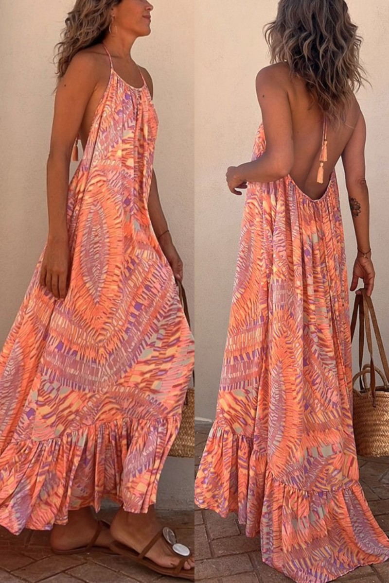 Sunita Print A-line Halter Tassel Vacation Maxi Dress