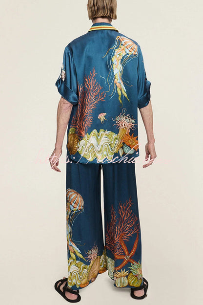Linen Blend Unique Print Lapel Short Sleeve Shirt and Elastic Waist Loose Pocket Wide Leg Pants Set