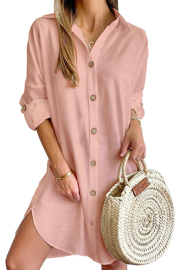 Color Button-down Shirt Style Mini Dress