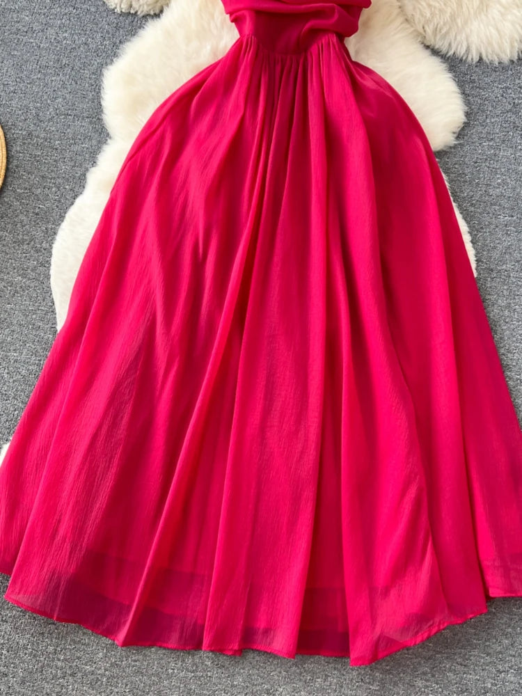 Beach Dress Summer Pleated Strapless Long Dresses Slim A-line Backless Long Robe Vestidos