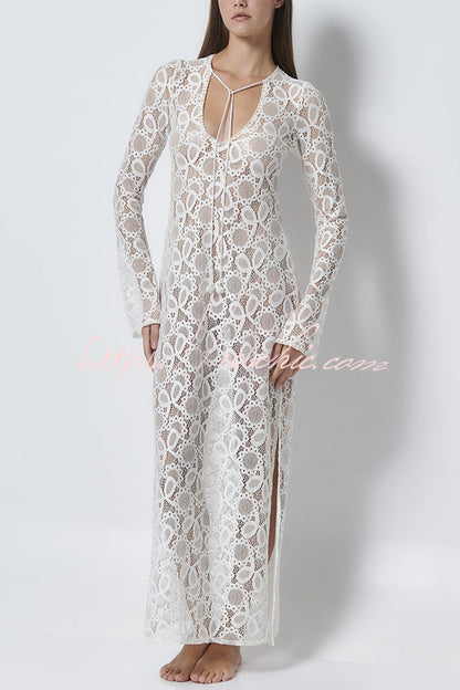 Santorini Sunset Lace Long Sleeve Slit Vacation Maxi Dress