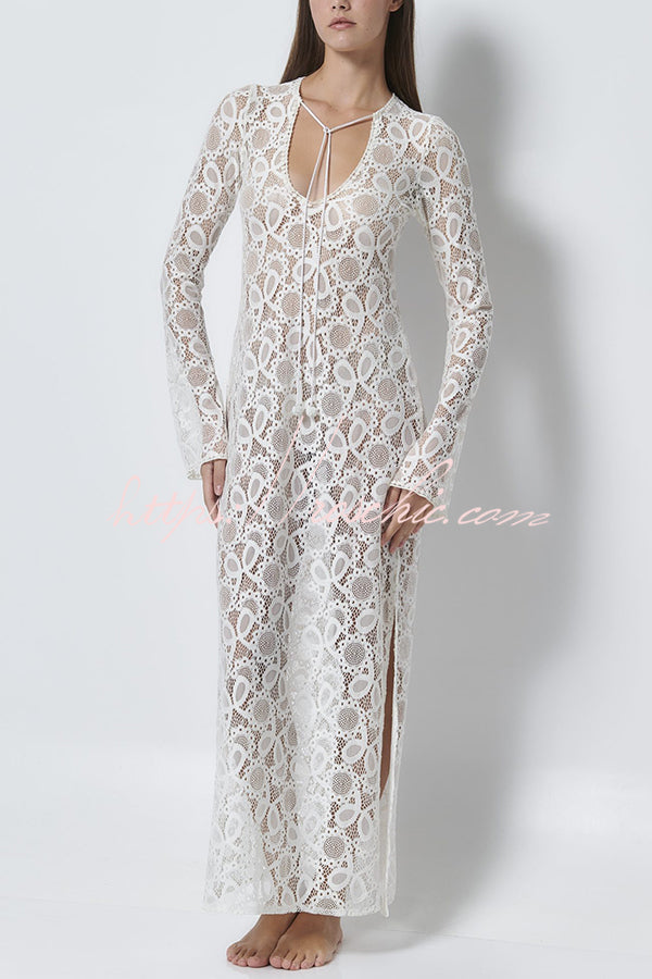 Santorini Sunset Lace Long Sleeve Slit Vacation Maxi Dress
