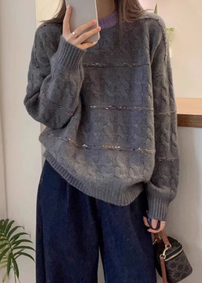 New Pink O Neck Cozy Patchwork Knit Sweaters Fall Qx028