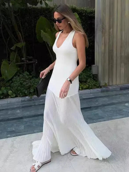 Knitted V-neck Long Dress Sleeveless Slim Stitching Folds Beach Vacation Female White Dress Knitwear Outfits