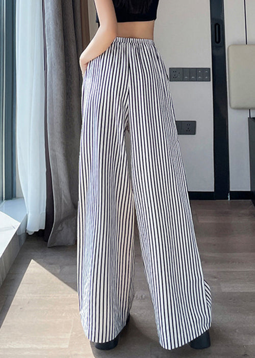 New White Striped Pockets High Waist Cotton Pants Summer Nn011
