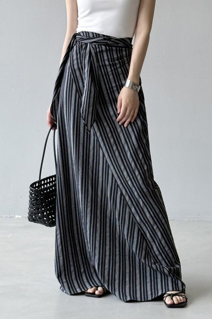 High Waist Striped Tie Waist a Line Maxi Skirt