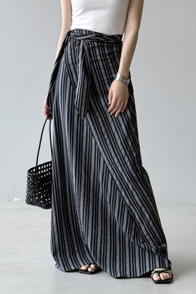 High Waist Striped Tie Waist a Line Maxi Skirt