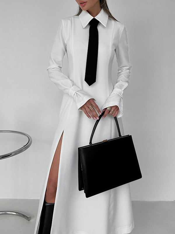 A-line Flared Sleeves Buttoned Color Split-joint Split-side Lapel Maxi Dresses Shirt Dress