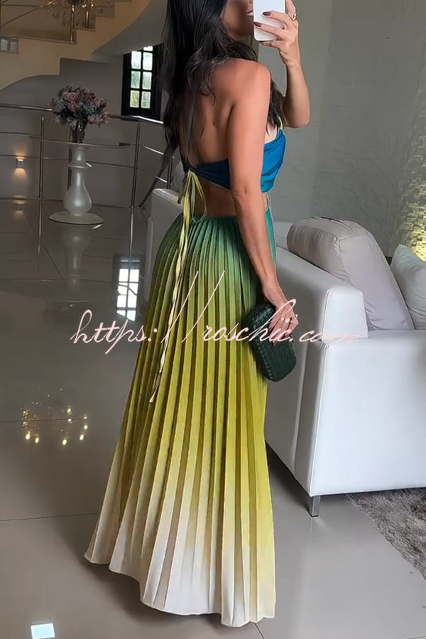 Fashionable Backless Tie Gradient Pleated Maxi Dress