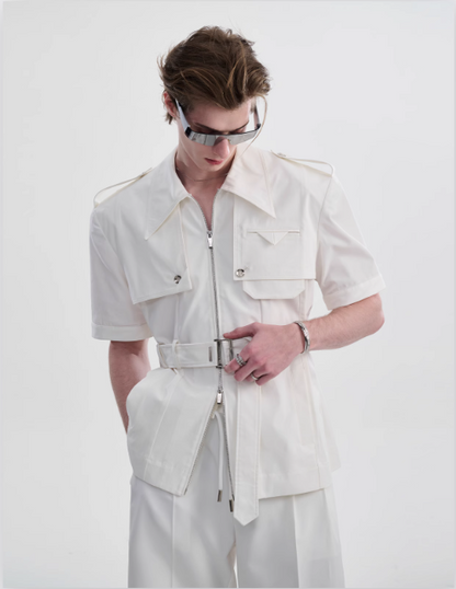 B&w Structured Belted Shirt & Shorts Set