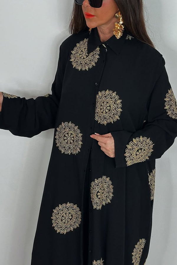Unique Printed V-neck Long Sleeve Long Shirt and Elastic Waist Pocket Wide Leg Pants Set