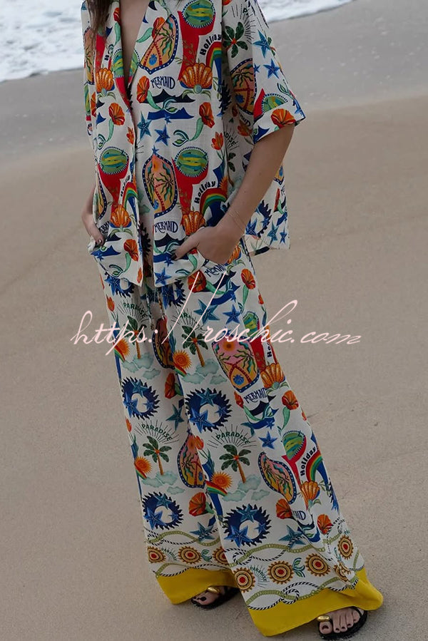 Linen Blend Unique Print Loose Short Sleeve Shirt and Elastic Waist Tie Pocket Pants Set