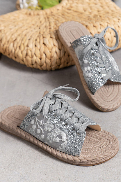 Sequined Mesh Embroidered Strappy Flat Slippers